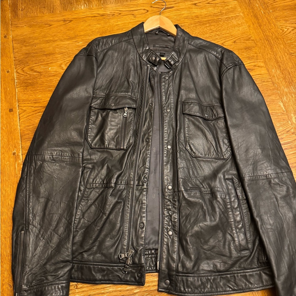 John Varvatos Black Leather Military Jacket